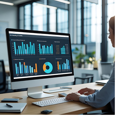 Dashboard com gráficos financeiros e sistema contábil, simbolizando automação e tecnologia para crescimento.