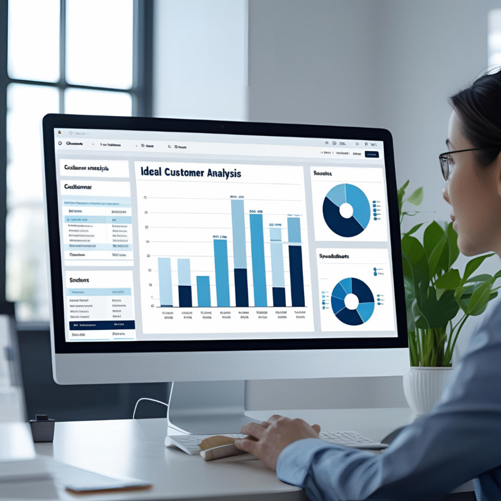 Tela com análise de dados e gráficos sobre clientes ideais em ambiente corporativo
