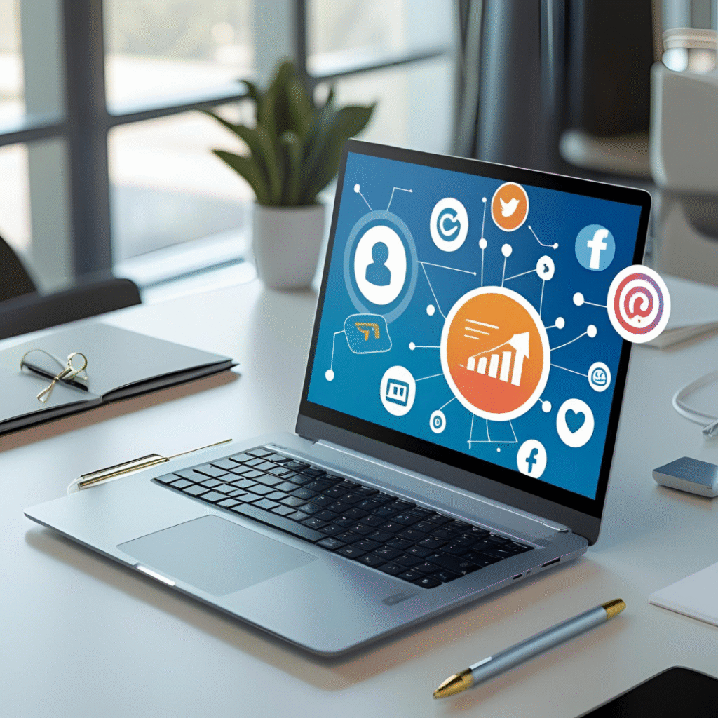 Laptop com ícones de marketing digital e gráficos sobre uma mesa de escritório moderna