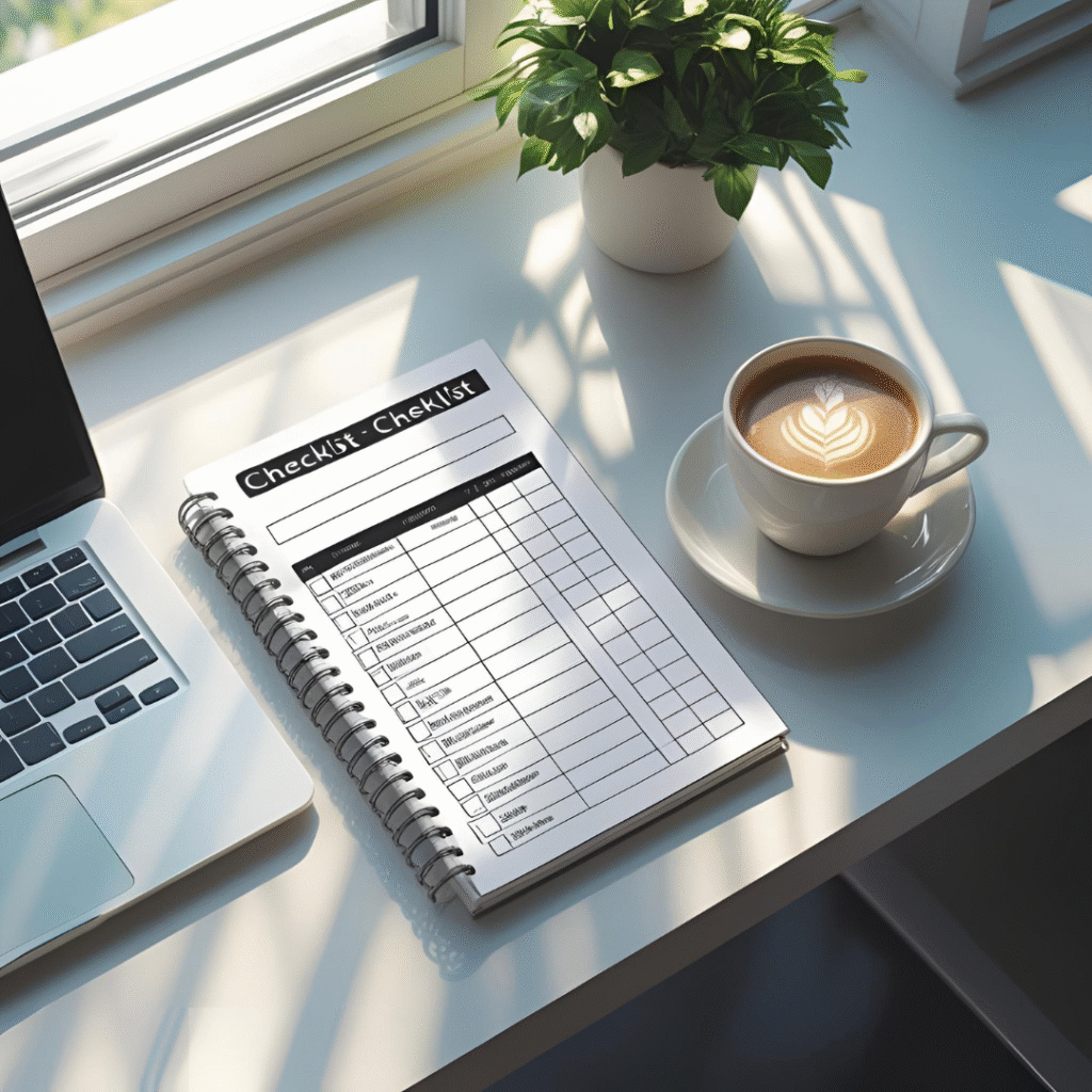 Checklist estratégico para construção de marca em caderno sobre mesa de trabalho.