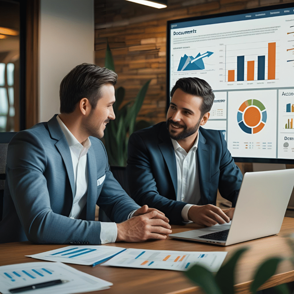 Contador e empresário em reunião estratégica analisando gráficos no notebook, representando a oferta de ERP como serviço.