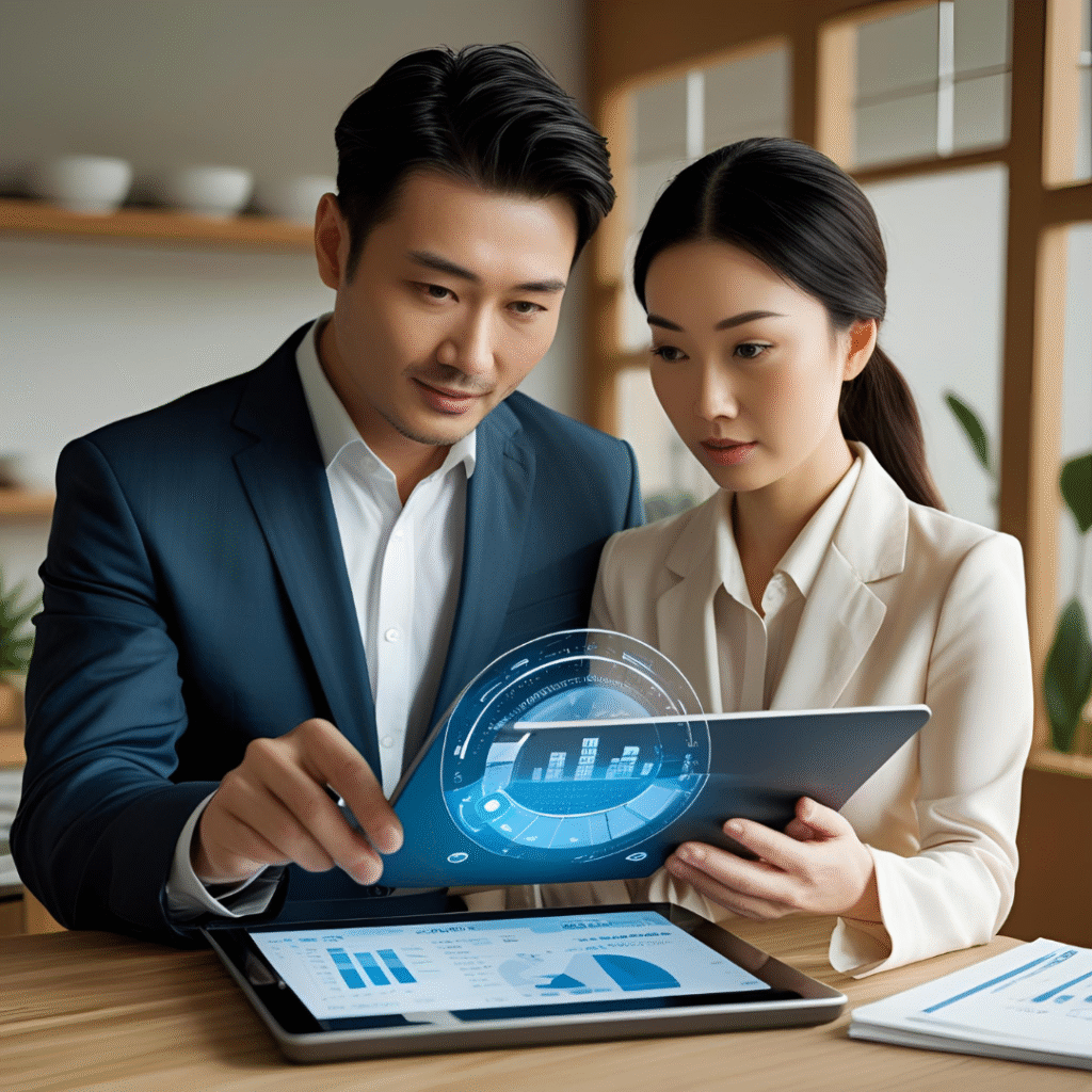 Empresário utilizando sistema ERP com orientação de contador, simbolizando suporte e valor agregado ao cliente.