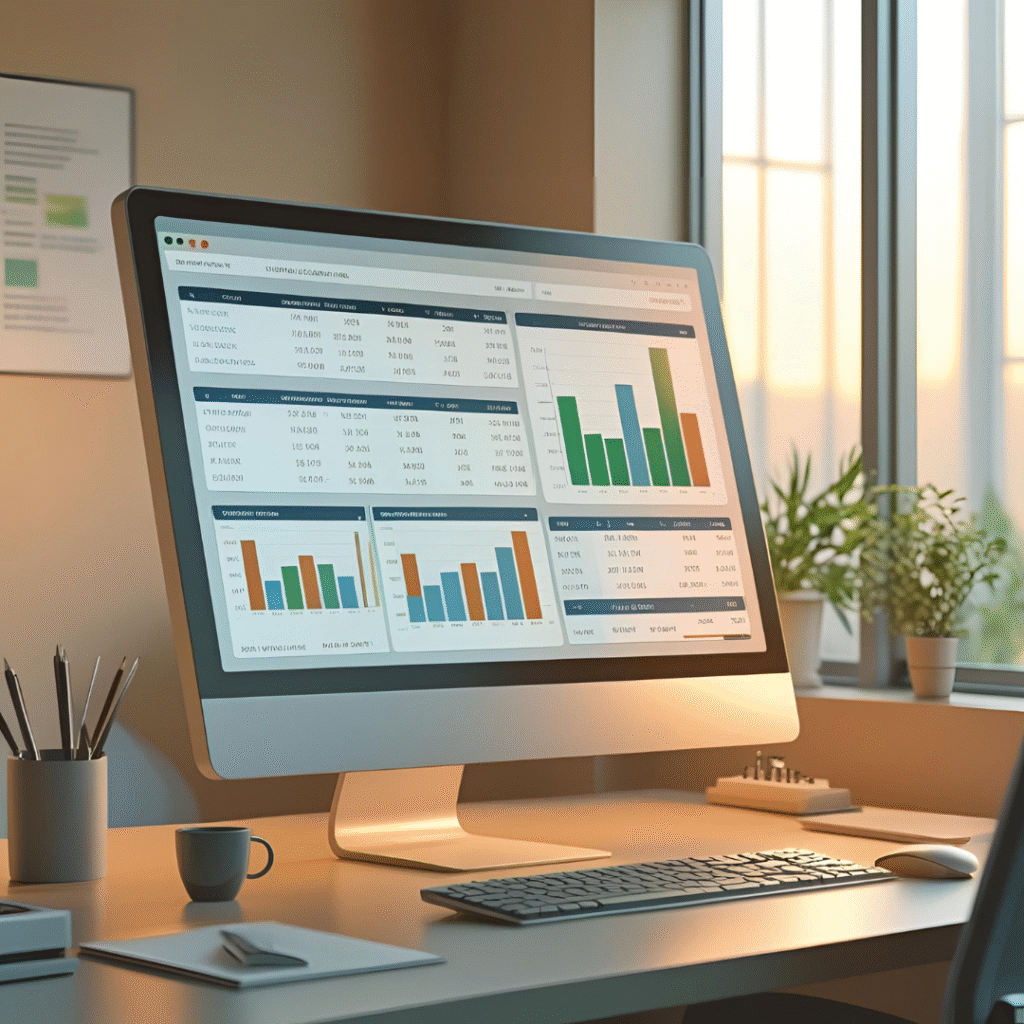 Tela de sistema ERP com dados financeiros sendo analisados