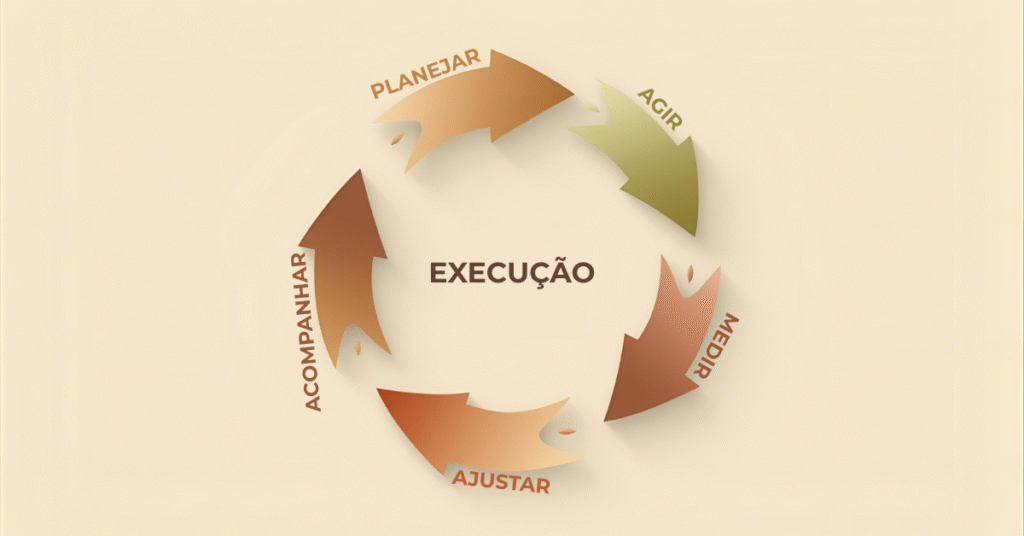 Ciclo de execução com cinco etapas representadas por setas conectadas.