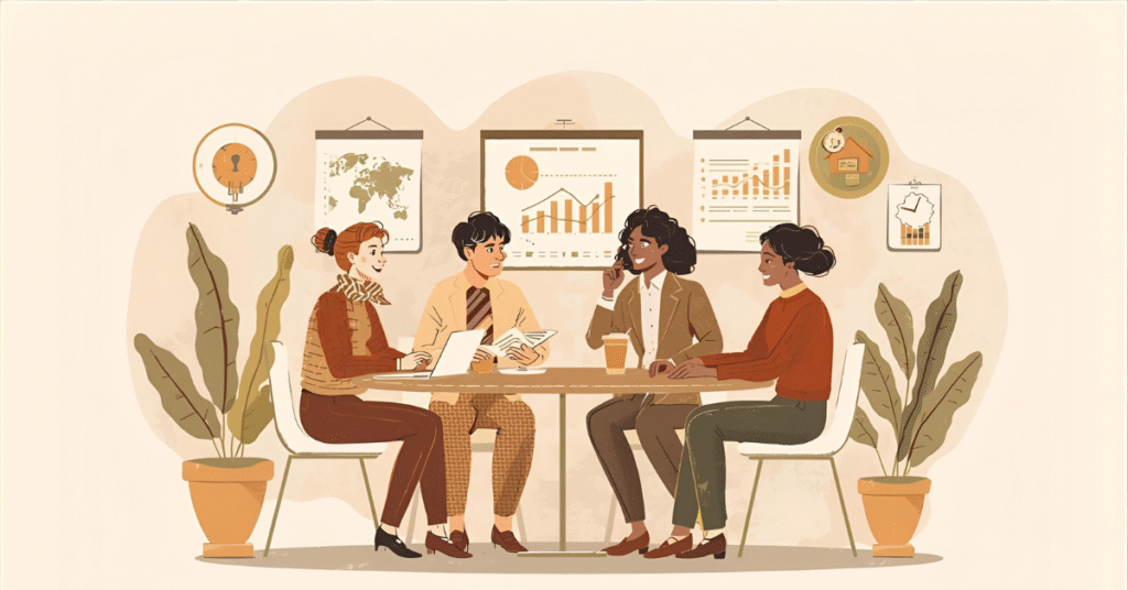Ilustração texturizada de equipe contábil discutindo planos de crescimento, em paleta de cores terrosas e estilo suave.