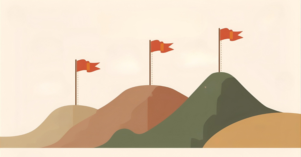 Infográfico limpo com roadmap mostrando três marcos de prioridades e metas, em cores terrosas, estilo minimalista.