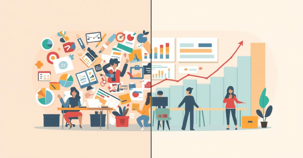 Comparação em flat design entre esforço operacional e crescimento estratégico no escritório contábil