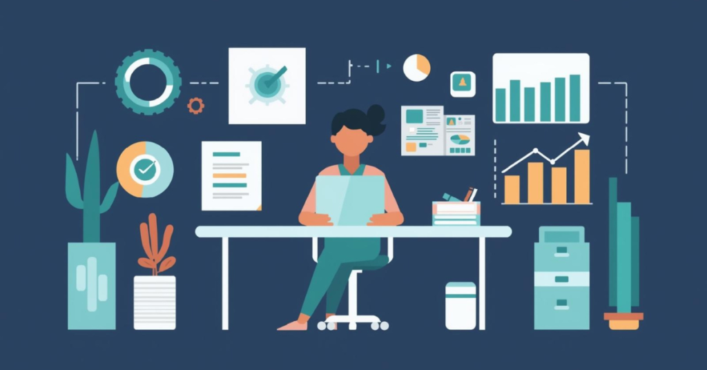Ilustração em flat design de escritório contábil organizado com foco em crescimento estratégico