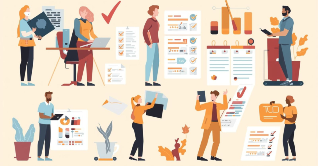 Ilustração flat design mostrando escritório organizado, com fluxos documentados e equipe seguindo processos padronizados