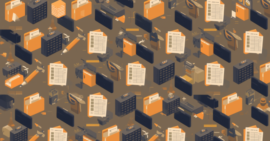 Ilustração flat de escritório contábil mostrando repetição de tarefas e documentos em formatos levemente diferentes, representando variação operacional e início de retrabalho.