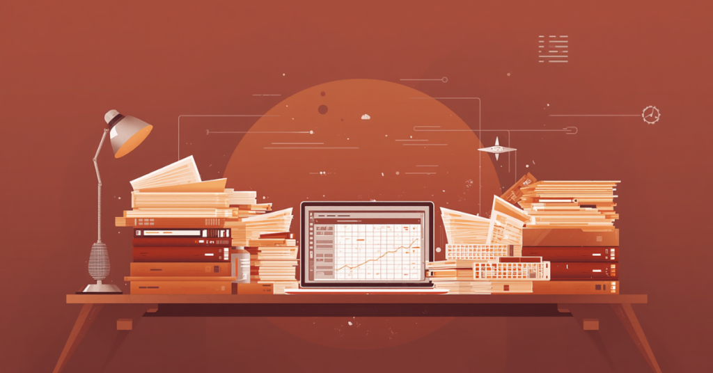 Ilustração flat design mostrando escritório contábil com organização aparente e complexidade oculta nos processos.