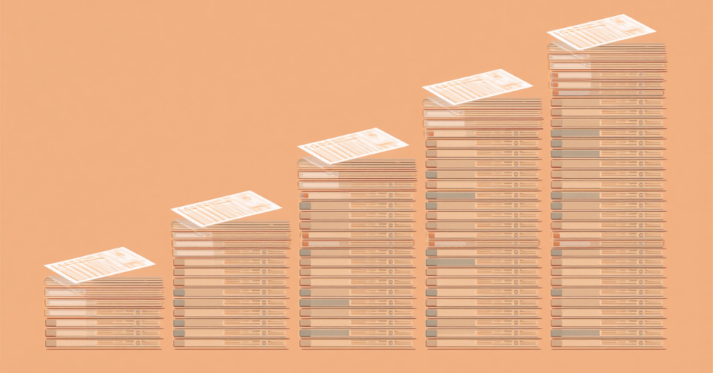 Ilustração flat de escritório contábil com acúmulo gradual de tarefas e documentos repetidos, representando aumento progressivo de retrabalho e sobrecarga operacional.