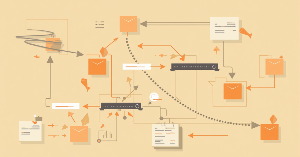 Ilustração flat design mostrando fluxo de trabalho instável e improvisado em escritório contábil.