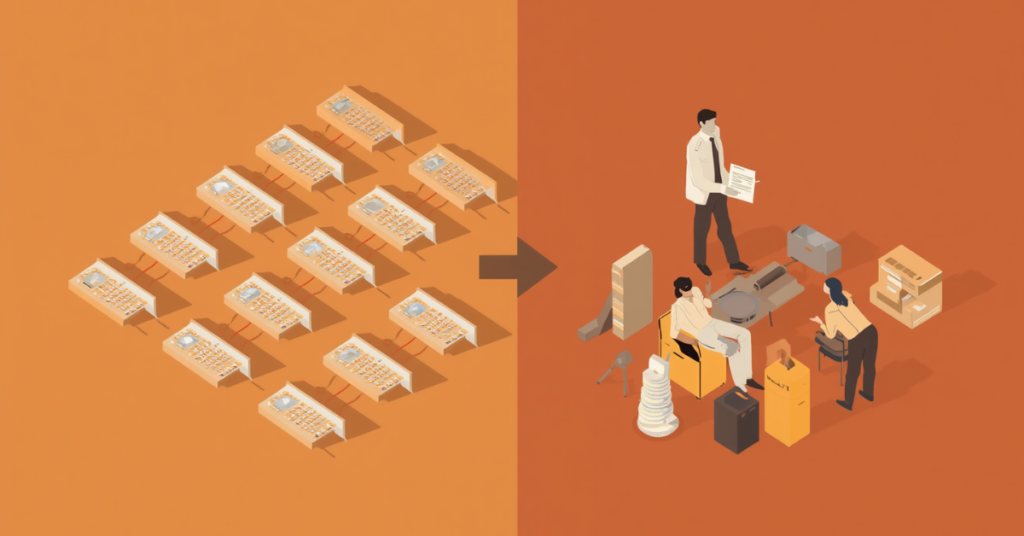 Ilustração flat de escritório contábil mostrando simplificação de processos e redução de tarefas duplicadas, representando eliminação de retrabalho e maior clareza operacional.