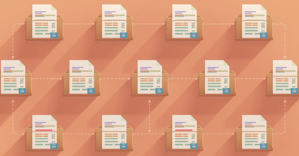 Ilustração flat de escritório contábil totalmente organizado e consistente, representando padronização, operação previsível e estável.