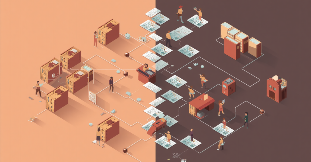 Ilustração flat design representando ausência de estrutura em escritório contábil com processos fragmentados.